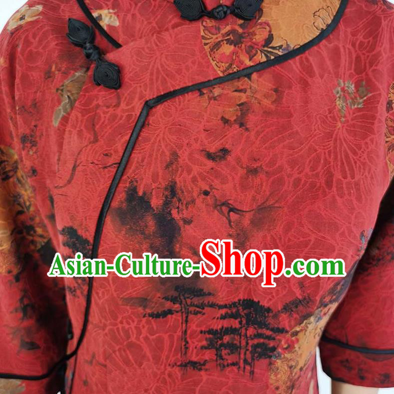 Asian Chinese Traditional Tang Suit Red Silk Qipao Dress Classical Shanghai Beauty Costume