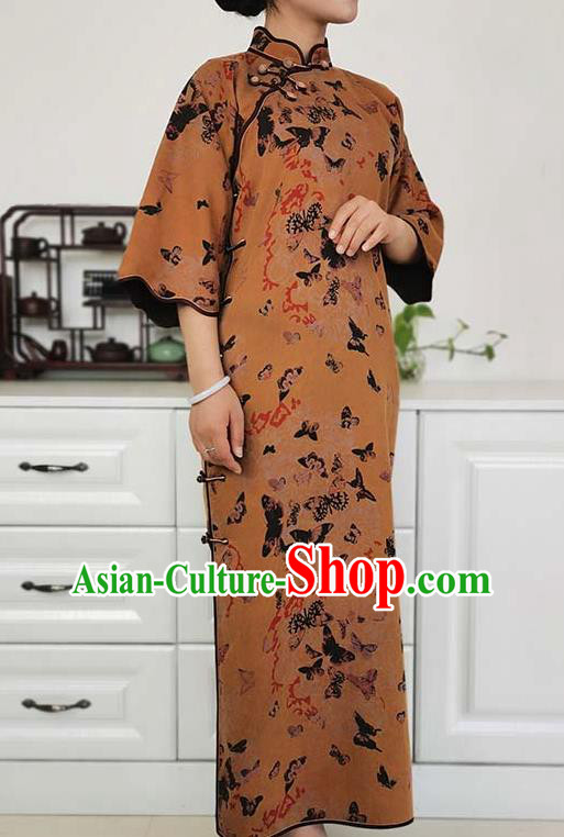 Asian Chinese Traditional Ginger Silk Qipao Dress Classical Butterfly Pattern Cheongsam Costume