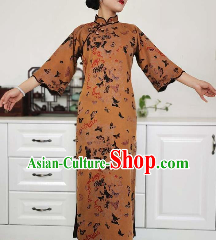 Asian Chinese Traditional Ginger Silk Qipao Dress Classical Butterfly Pattern Cheongsam Costume