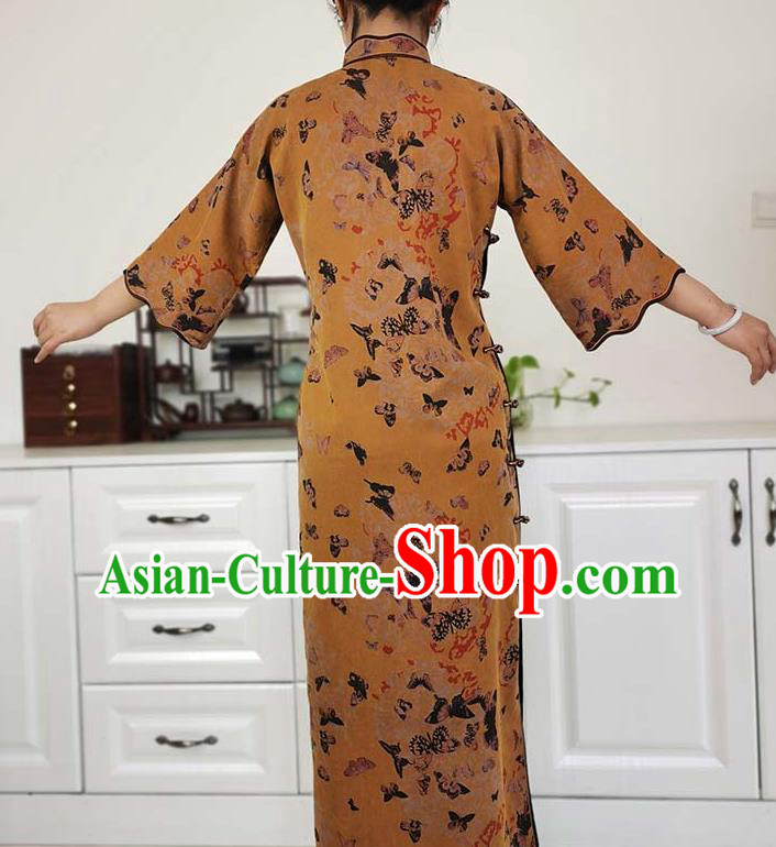 Asian Chinese Traditional Ginger Silk Qipao Dress Classical Butterfly Pattern Cheongsam Costume