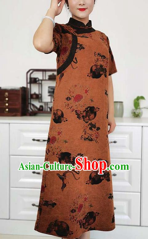 Asian Chinese Classical Cheongsam Costume Traditional Brown Silk Qipao Dress