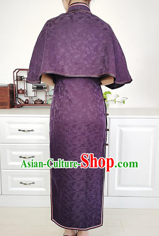 Asian Chinese Classical Old Shanghai Cheongsam Costume Traditional Deep Purple Silk Qipao Dress