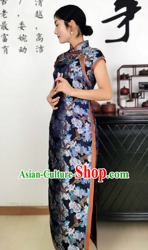 Asian Chinese Traditional Printing Navy Silk Qipao Dress Classical Song Brocade Cheongsam Costume