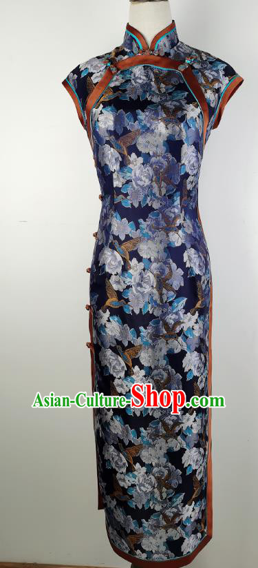 Asian Chinese Traditional Printing Navy Silk Qipao Dress Classical Song Brocade Cheongsam Costume