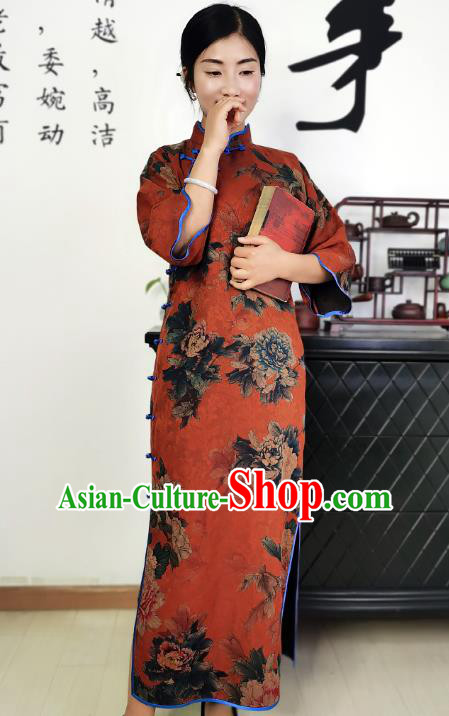 Asian Chinese Traditional Printing Peony Red Silk Qipao Dress Classical Young Mistress Cheongsam Costume