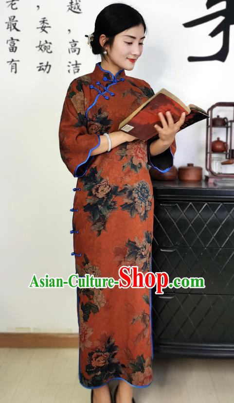 Asian Chinese Traditional Printing Peony Red Silk Qipao Dress Classical Young Mistress Cheongsam Costume