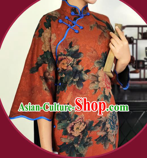 Asian Chinese Traditional Printing Peony Red Silk Qipao Dress Classical Young Mistress Cheongsam Costume