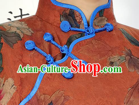 Asian Chinese Traditional Printing Peony Red Silk Qipao Dress Classical Young Mistress Cheongsam Costume