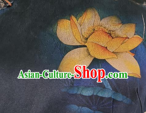 Asian Chinese Classical Young Mistress Cheongsam Costume Traditional Printing Lotus Navy Silk Qipao Dress