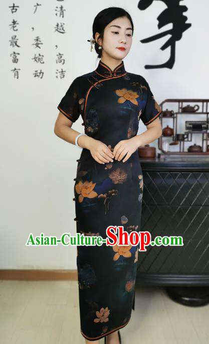 Asian Chinese Classical Young Mistress Cheongsam Costume Traditional Printing Lotus Navy Silk Qipao Dress