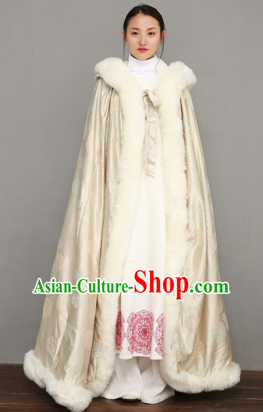 Chinese Traditional Winter Costume National Women Light Golden Silk Cape Ancient Princess Cotton Wadded Cloak