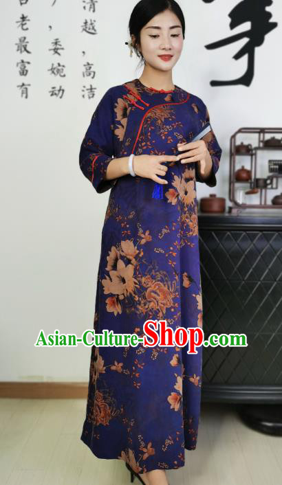 Asian Chinese Classical Loose Cheongsam Costume Traditional Printing Deep Blue Silk Qipao Dress