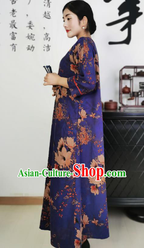 Asian Chinese Classical Loose Cheongsam Costume Traditional Printing Deep Blue Silk Qipao Dress
