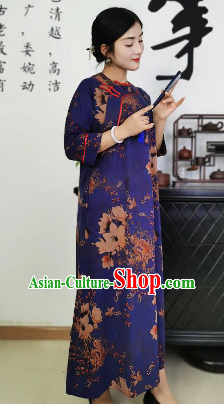 Asian Chinese Classical Loose Cheongsam Costume Traditional Printing Deep Blue Silk Qipao Dress