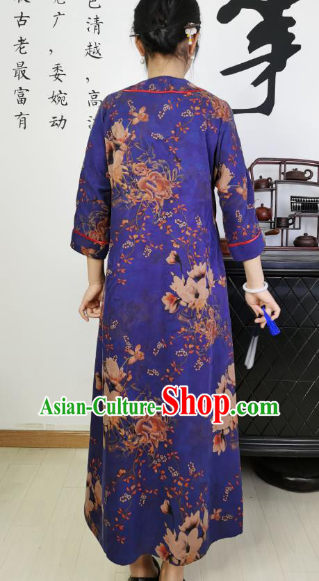 Asian Chinese Classical Loose Cheongsam Costume Traditional Printing Deep Blue Silk Qipao Dress