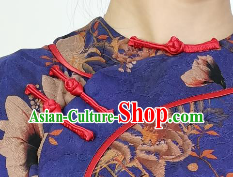 Asian Chinese Classical Loose Cheongsam Costume Traditional Printing Deep Blue Silk Qipao Dress