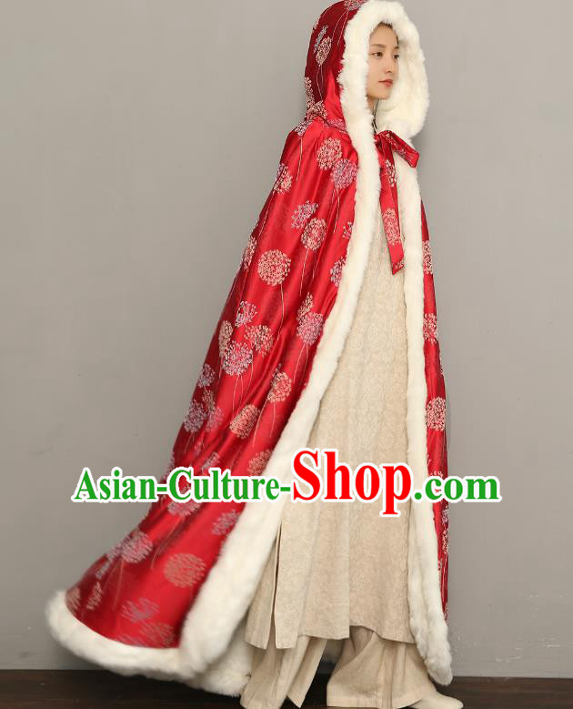 Chinese Ancient Princess Cotton Wadded Cloak Traditional Winter Costume National Women Red Silk Cape