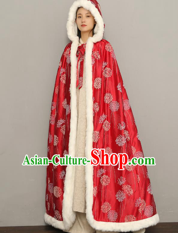 Chinese Ancient Princess Cotton Wadded Cloak Traditional Winter Costume National Women Red Silk Cape