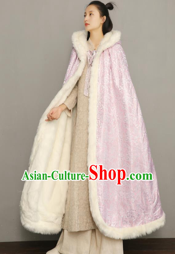 Chinese National Women Pink Silk Cape Ancient Princess Cotton Wadded Cloak Traditional Winter Costume