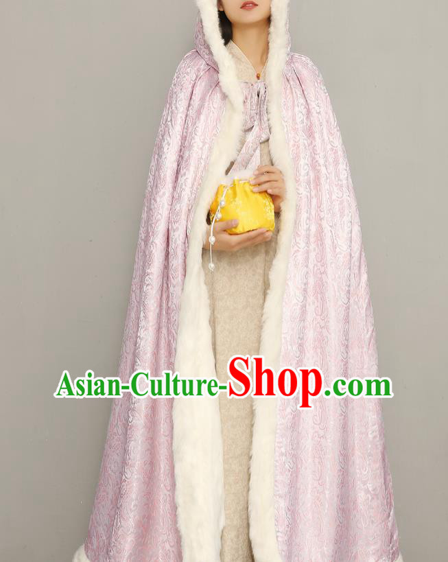 Chinese National Women Pink Silk Cape Ancient Princess Cotton Wadded Cloak Traditional Winter Costume