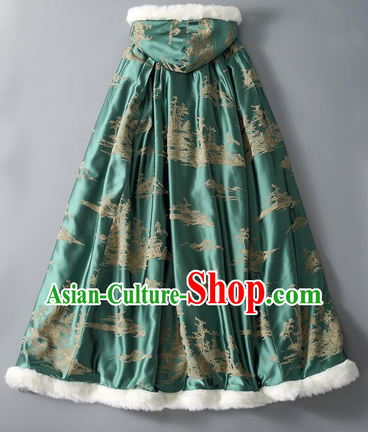 Chinese Women Green Silk Long Cape Tang Suit Cotton Wadded Cloak Traditional National Costume