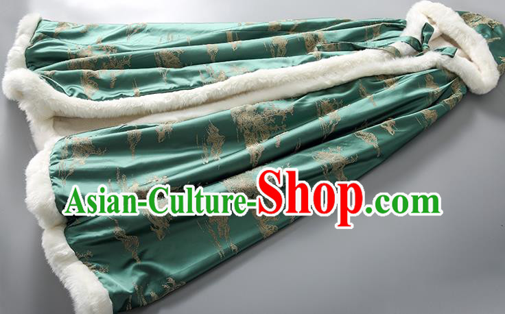 Chinese Women Green Silk Long Cape Tang Suit Cotton Wadded Cloak Traditional National Costume