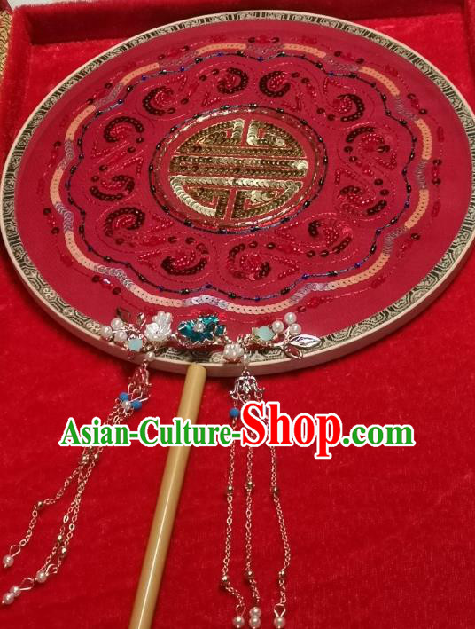 China Traditional Circular Fan Handmade Bride Red Silk Palace Fan Wedding Golden Sequins Fan