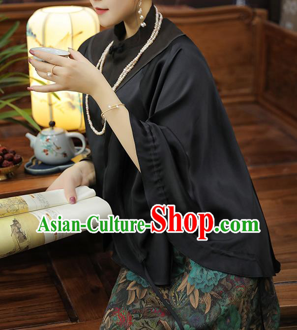China Traditional Women Tang Suit Outer Garment Classical Black Gambiered Guangdong Gauze Cloak