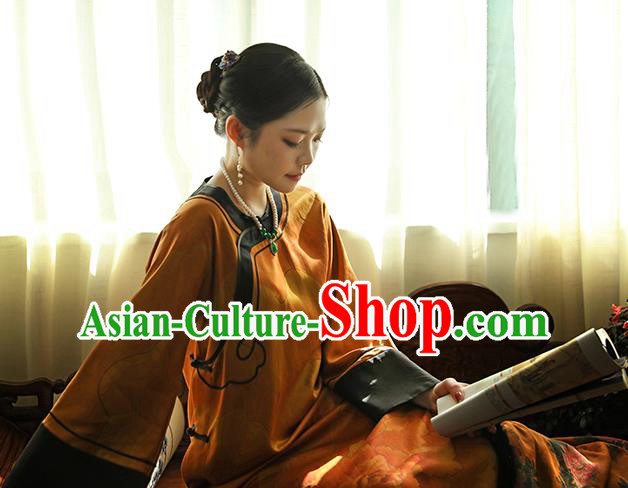 Asian Chinese Classical Ginger Silk Cheongsam Clothing Traditional Qing Dynasty Noble Woman Qipao Dress