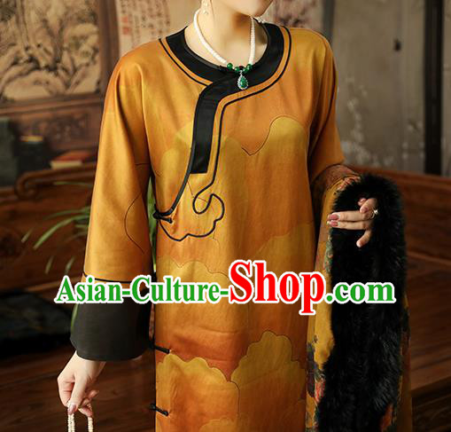 Asian Chinese Classical Ginger Silk Cheongsam Clothing Traditional Qing Dynasty Noble Woman Qipao Dress