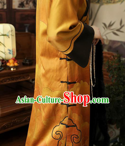 Asian Chinese Classical Ginger Silk Cheongsam Clothing Traditional Qing Dynasty Noble Woman Qipao Dress