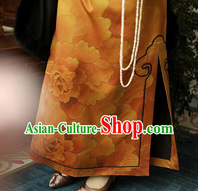 Asian Chinese Classical Ginger Silk Cheongsam Clothing Traditional Qing Dynasty Noble Woman Qipao Dress