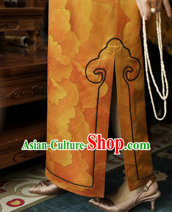 Asian Chinese Classical Ginger Silk Cheongsam Clothing Traditional Qing Dynasty Noble Woman Qipao Dress