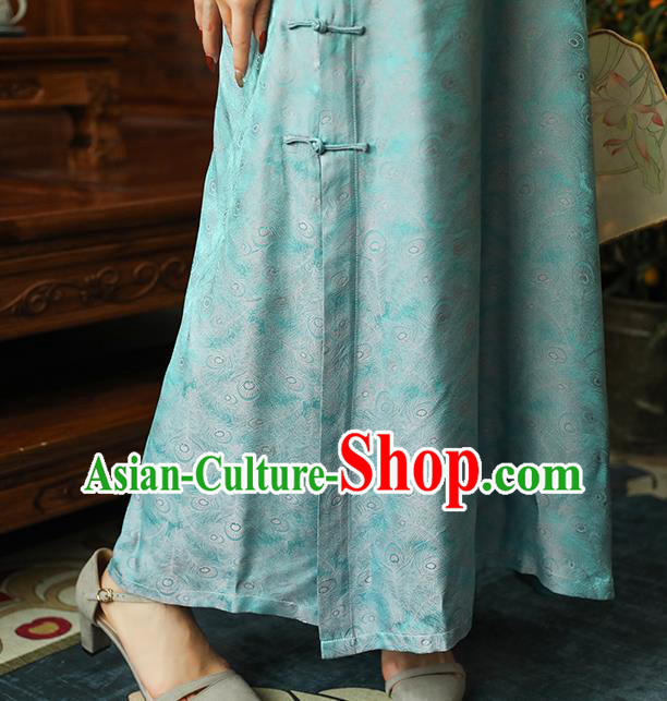 Asian Chinese Traditional Embroidered Silk Qipao Dress Classical Light Blue Song Brocade Cheongsam Clothing