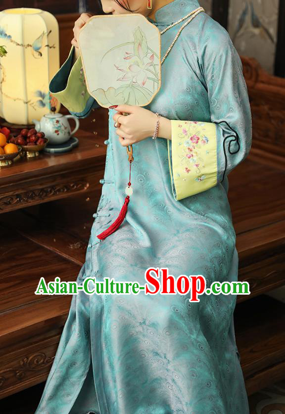 Asian Chinese Traditional Embroidered Silk Qipao Dress Classical Light Blue Song Brocade Cheongsam Clothing