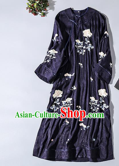 Asian Chinese Classical Wide Sleeve Cheongsam Clothing Traditional Embroidered Navy Silk Qipao Dress