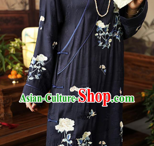Asian Chinese Classical Wide Sleeve Cheongsam Clothing Traditional Embroidered Navy Silk Qipao Dress