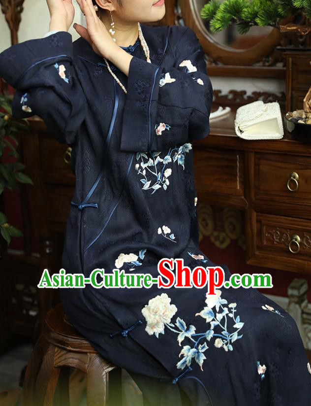 Asian Chinese Classical Wide Sleeve Cheongsam Clothing Traditional Embroidered Navy Silk Qipao Dress