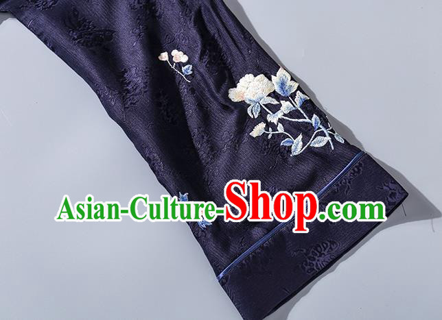 Asian Chinese Classical Wide Sleeve Cheongsam Clothing Traditional Embroidered Navy Silk Qipao Dress