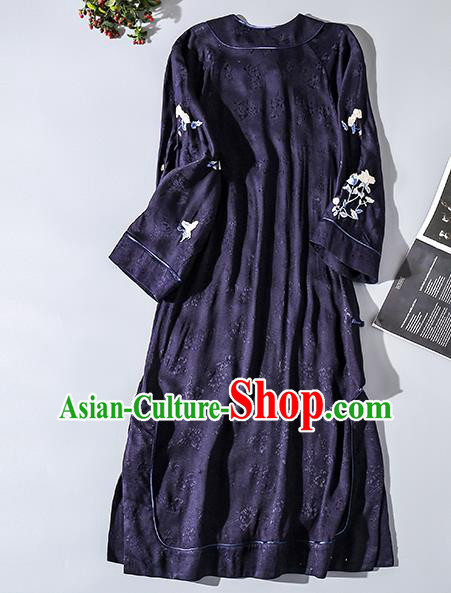 Asian Chinese Classical Wide Sleeve Cheongsam Clothing Traditional Embroidered Navy Silk Qipao Dress