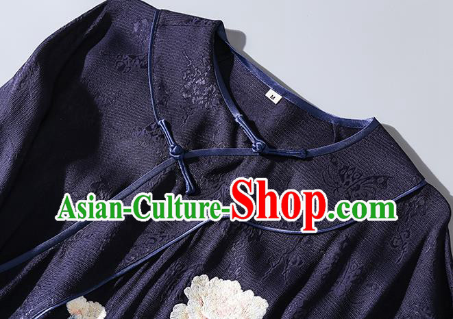 Asian Chinese Classical Wide Sleeve Cheongsam Clothing Traditional Embroidered Navy Silk Qipao Dress