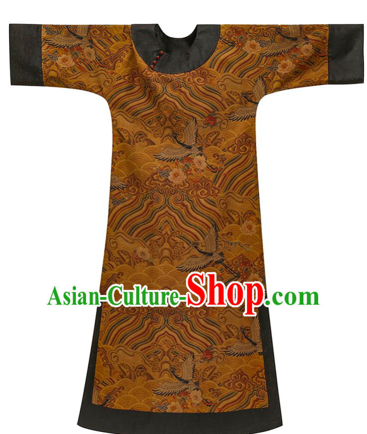 Asian Chinese Classical Wave Pattern Cheongsam Clothing Traditional Ginger Silk Qipao Dress