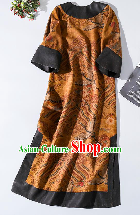 Asian Chinese Classical Wave Pattern Cheongsam Clothing Traditional Ginger Silk Qipao Dress
