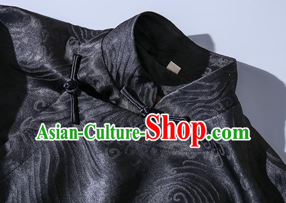 China Traditional Tang Suit Upper Outer Garment Classical Hand Painting Peony Black Silk Blouse