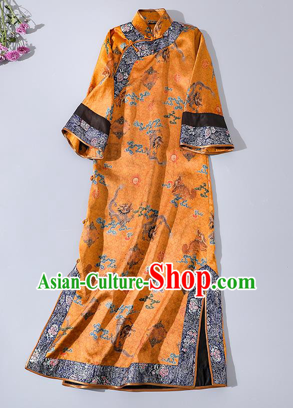 Asian Chinese Classical Printing Brocade Cheongsam Clothing Traditional Qing Dynasty Empress Golden Silk Qipao Dress