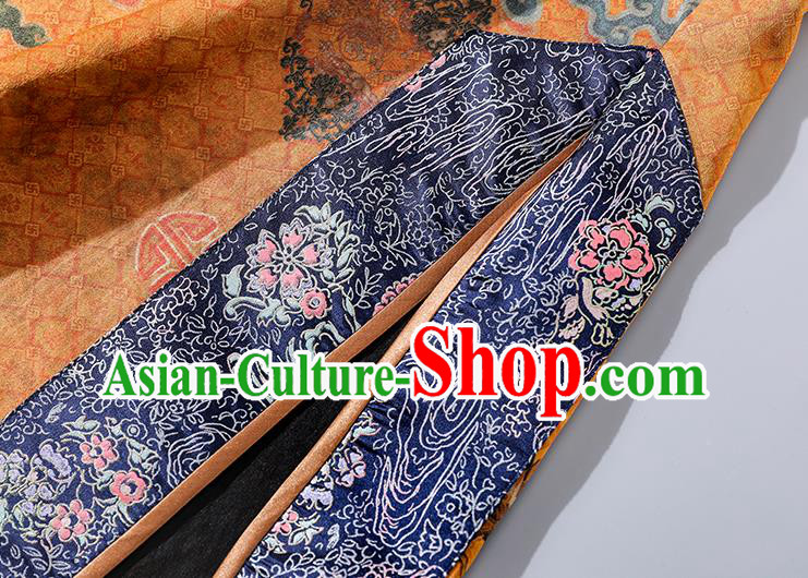 Asian Chinese Classical Printing Brocade Cheongsam Clothing Traditional Qing Dynasty Empress Golden Silk Qipao Dress