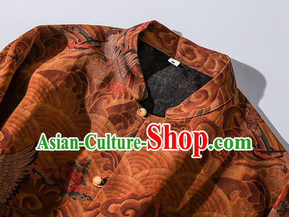 China Traditional Tang Suit Upper Outer Garment Classical Wave Cranes Pattern Ginger Silk Shirt