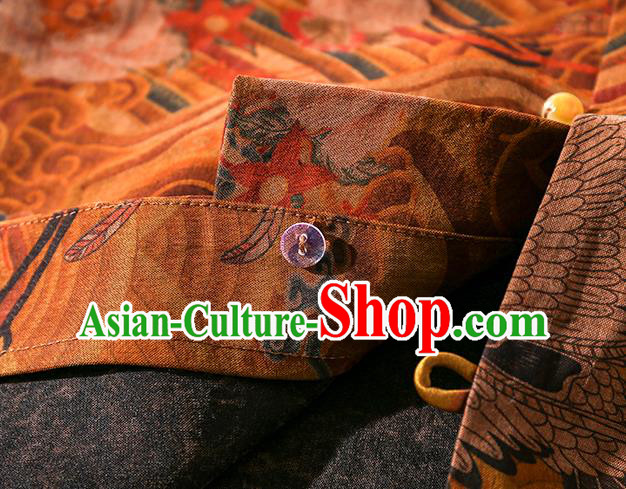 China Traditional Tang Suit Upper Outer Garment Classical Wave Cranes Pattern Ginger Silk Shirt