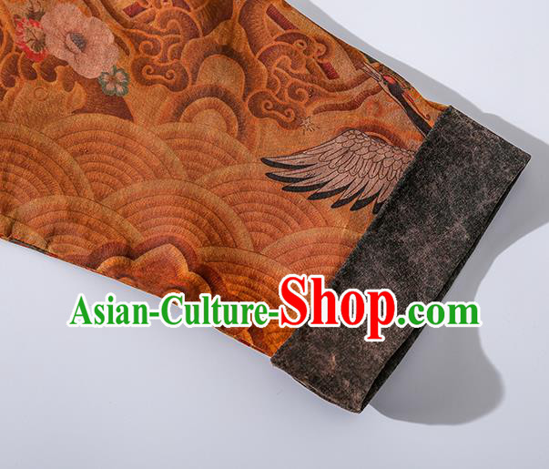 China Traditional Tang Suit Upper Outer Garment Classical Wave Cranes Pattern Ginger Silk Shirt