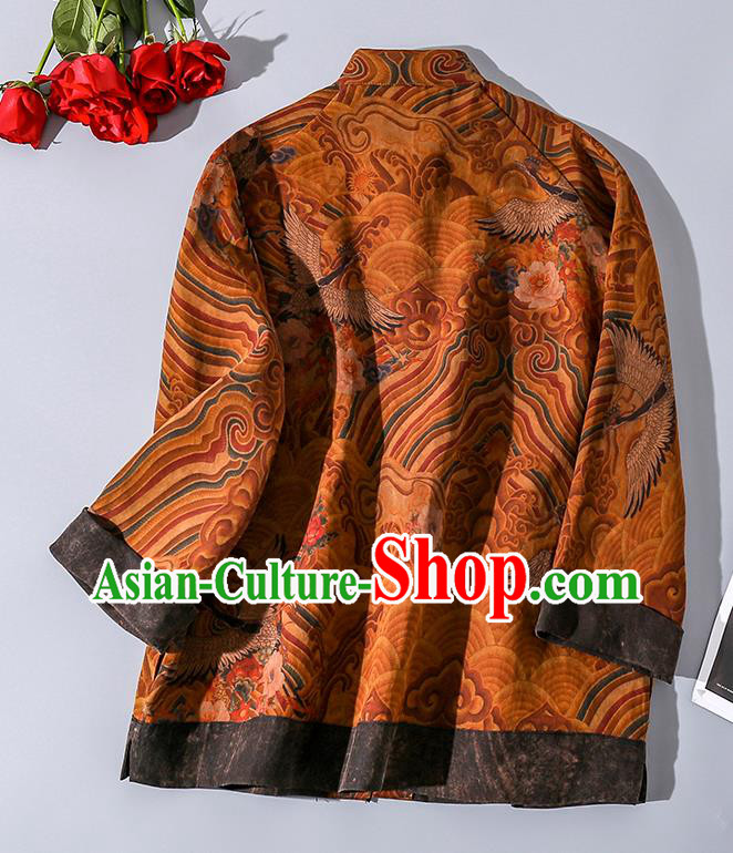 China Traditional Tang Suit Upper Outer Garment Classical Wave Cranes Pattern Ginger Silk Shirt